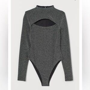 dark grey glittery bodysuit with chest cutout in the front